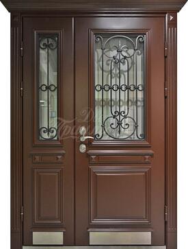 Входная дверь с массивом дуба со стеклом и ковкой №290 в Черноголовке